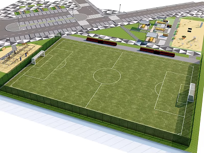 Green Grass Soccer Field With White Lines Goalposts And Surrounding Fence 3d model