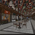 Traditional Chinese Commercial Street with Hanging Colorful Lanterns Store Signs and Wooden Tables Chairs