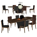 Modern Round and Rectangular Wooden Dining Table Set with Mixed Chairs and Decorative Vase 3d model
