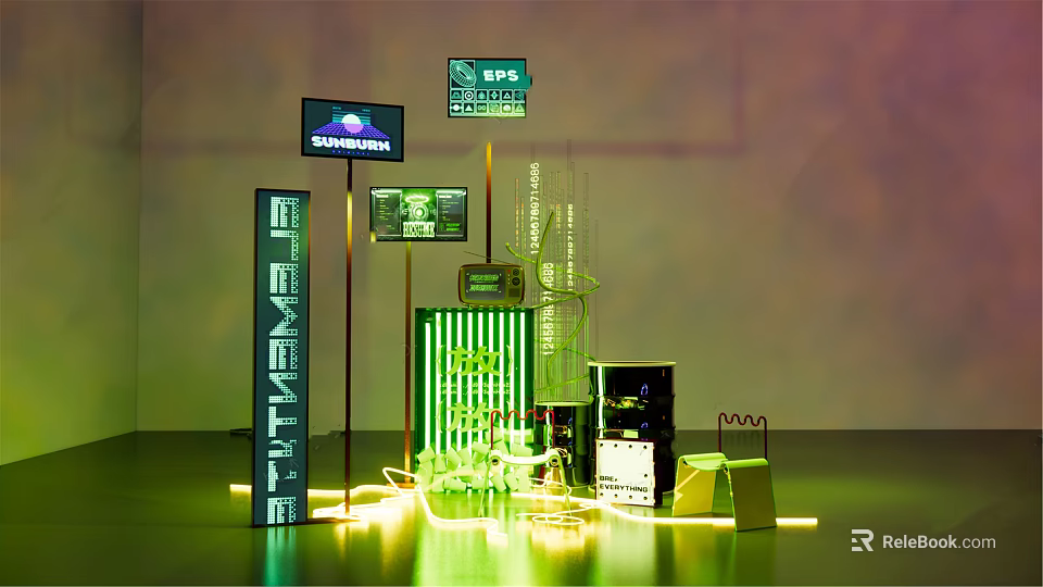 Modern Photo Check in Spot With Neon Lights And Art Installations 3d model 