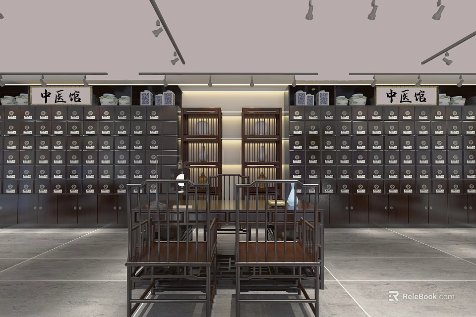 Traditional Chinese Medicine Clinic Interior With Wooden Medicine Cabinets And Consultation Tables 3d model 