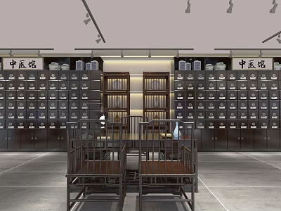 Traditional Chinese Medicine Clinic Interior With Wooden Medicine Cabinets And Consultation Tables 3d model