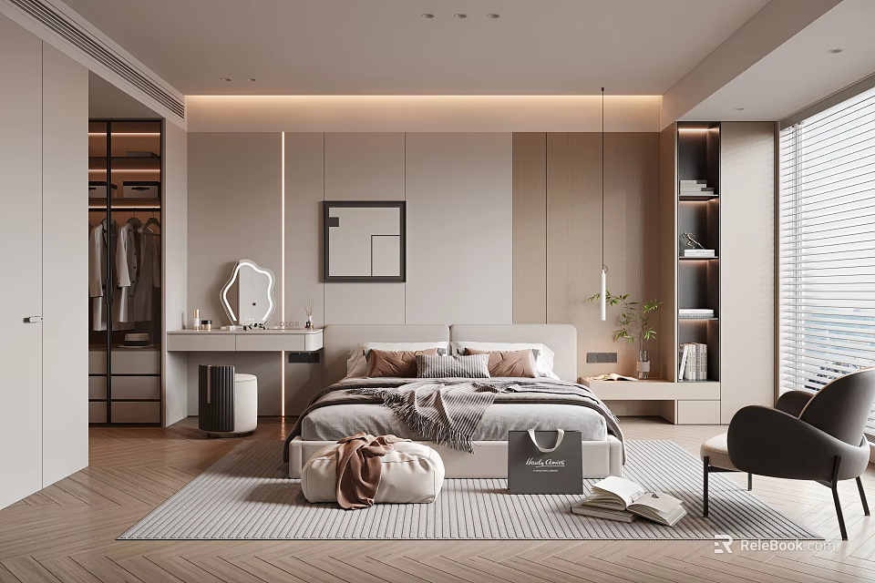 Modern Bedroom Interior Design With Bed Pillows Herringbone Rug Dressing Table And Built In Wardrobe 3d model 