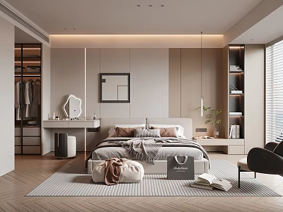 Modern Bedroom Interior Design With Bed Pillows Herringbone Rug Dressing Table And Built In Wardrobe 3d model