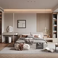Modern Bedroom Interior Design With Bed Pillows Herringbone Rug Dressing Table And Built In Wardrobe