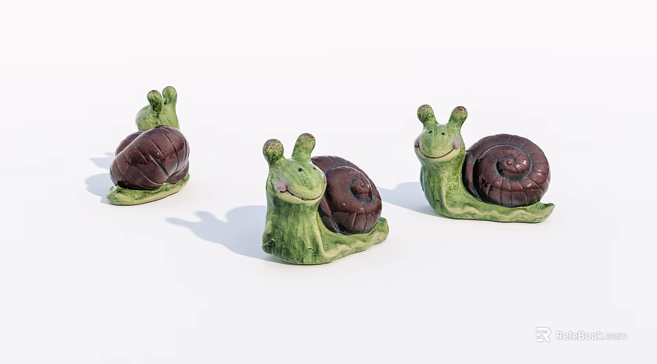 Cute Snail Sculptures With Green Body Dark Brown Shell And Adorable Smiling Face 3d model 