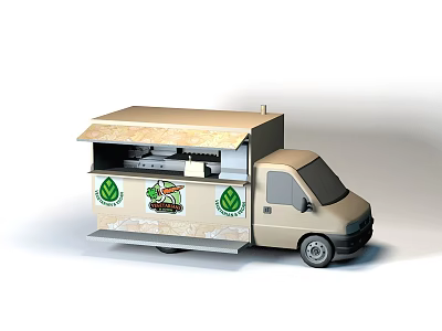 Beige Food Truck With Open Service Window Green Logos And Mobile Food Vending Design 3d model