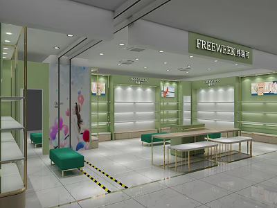 FREE WEEK Casual Fashion Specialty Store With Green Shelves Display Tables And Modern Design 3d model