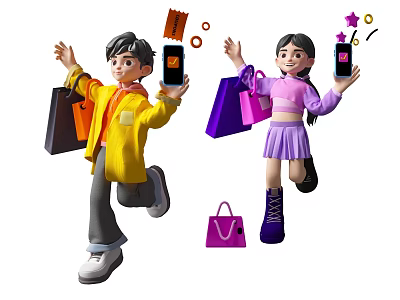 Two Young People Holding Smartphones With Shopping Bags And Discount Coupons 3d model
