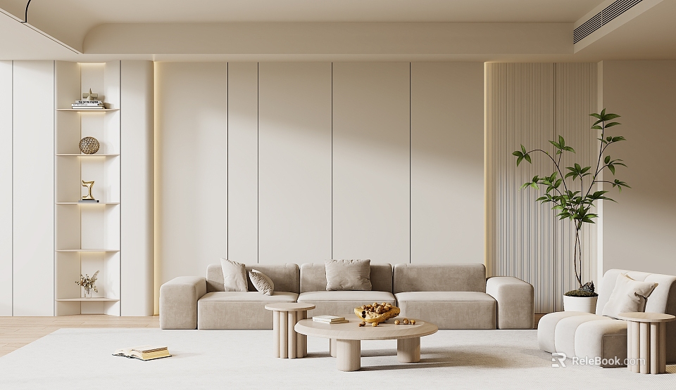 Neutral Toned Living Room Interior With Beige Sofa Coffee Table And Potted Plant 3d model 