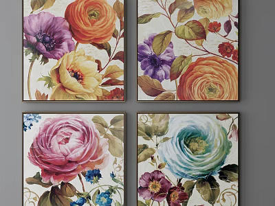 Botanical Paintings with Colorful Roses and Leaves as Decorative Wall Art Panels 3d model