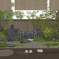 Serene Japanese Garden With Waterfall Stones Bamboo Tatami Cushion And Tea Set