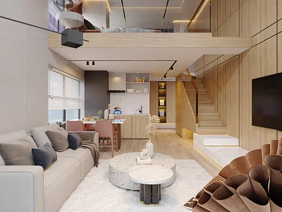 Modern Loft Apartment With Open Living Kitchen And Wooden Accents 3d model