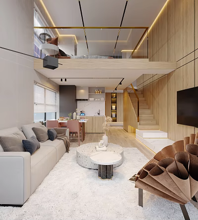 Modern Loft Apartment With Open Living Kitchen And Wooden Accents 3d model