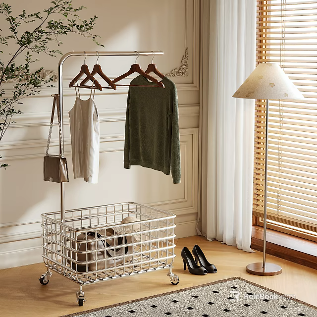 Modern Metal Clothes Rack with Hanging White Tank Top Green Sweater Wire Basket and Black Heels 3d model 
