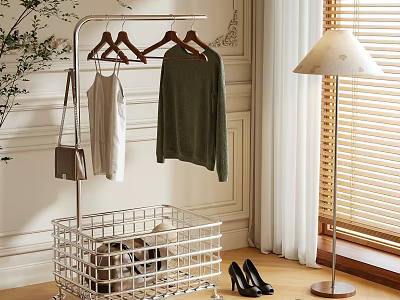 Modern Metal Clothes Rack with Hanging White Tank Top Green Sweater Wire Basket and Black Heels 3d model
