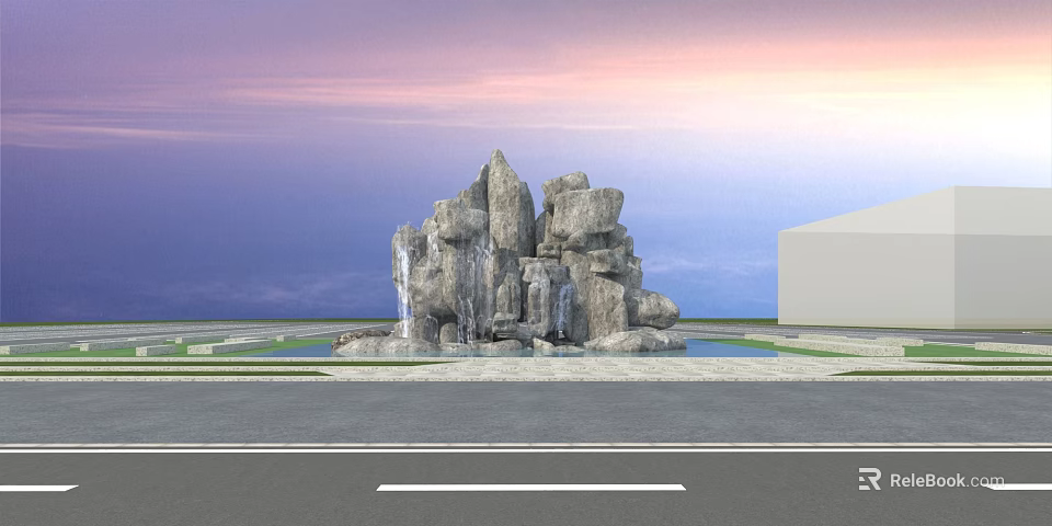 Scenic Garden Ornament With Rockery Fountain Water Pool And Distant Building Sky 3d model 