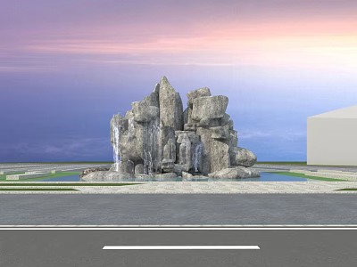 Scenic Garden Ornament With Rockery Fountain Water Pool And Distant Building Sky 3d model