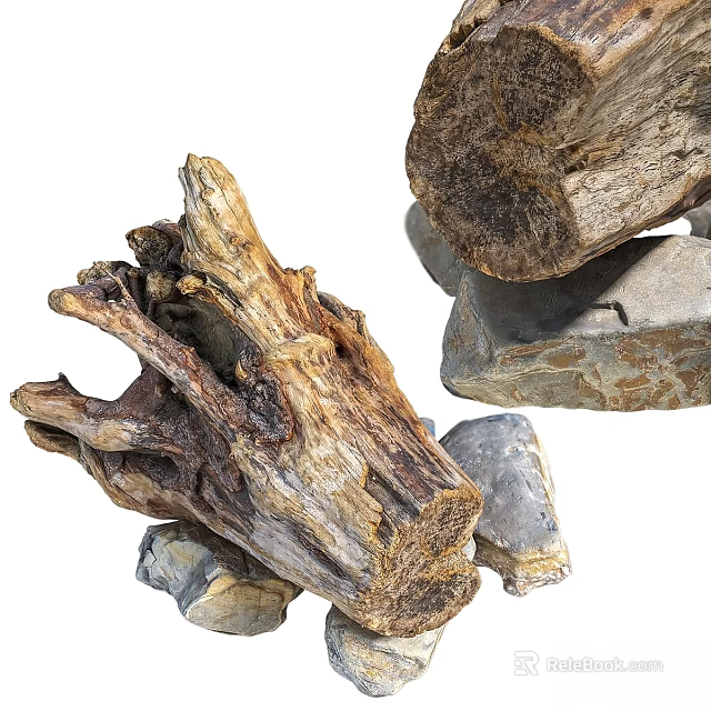 Rustic Garden Ornaments with Weathered Driftwood and Stacked Natural Stones 3d model 