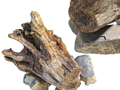 Rustic Garden Ornaments with Weathered Driftwood and Stacked Natural Stones 3d model