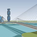 Cable Stayed Bridge With Spiral Tower Over River And Green Grassland 3d model
