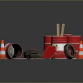Household Items Display With Red Buckets Traffic Cones Tires And Wooden Sticks