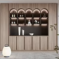Modern Wooden Wine Cabinet With Arched Display Shelves Built in Lighting And Decorations