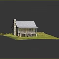 Cartoon Log Cabin Scene With Gray Roof Stone Chimney Wooden Porch Steps And Green Grass