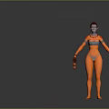 Woman With Orange Skin Red Hair Arm Tattoos Gray Bikini Holding Weapon With Red Decorations