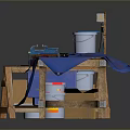 Versatile Functional Tables With Wooden Construction Blue Storage Bins And Tool Placement Areas