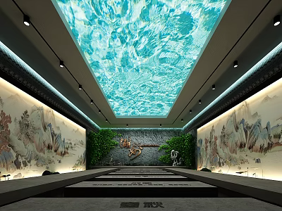Serene Interior Space With Blue Water Patterned Ceiling Landscape Murals And Green Plants 3d model