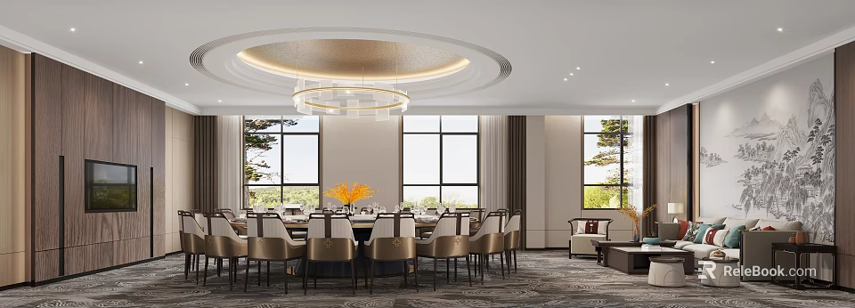 Elegant Private Dining Room Interior With Round Table Chairs Chandelier And Decorative Flowers 3d model 