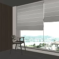Gray Roman Blinds Decorating Window With Wooden Chair And Lake View