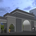 Modern Stone Entrance Gate Featuring Arched Design With Evening Lighting And People Walking