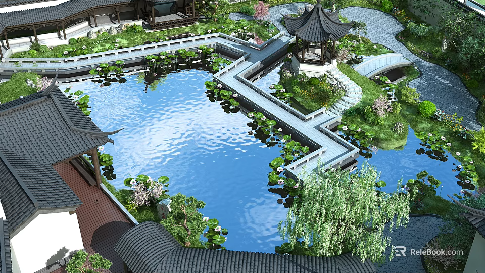 Traditional Chinese Garden Landscape With Pond Lotus Pavilion Stone Bridge And Willow Trees 3d model 
