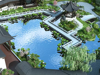 Traditional Chinese Garden Landscape With Pond Lotus Pavilion Stone Bridge And Willow Trees 3d model