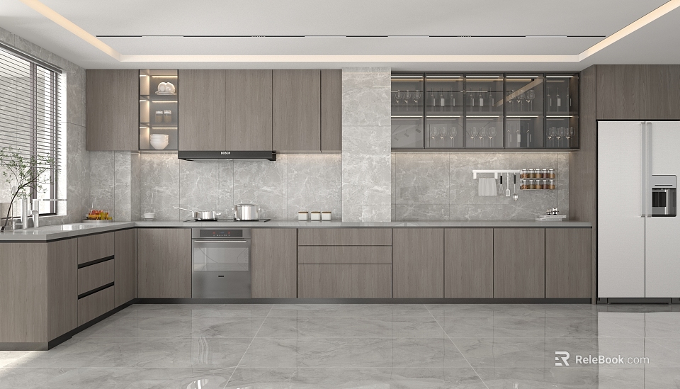 Modern Kitchen Interior With Gray Cabinets Marble Backsplash Countertop And Appliances 3d model 
