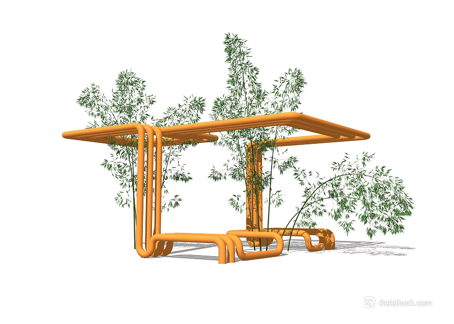 Modern Orange Outdoor Rest Area With Canopy Bench And Green Plants 3d model 