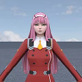 Woman with long pink hair wearing red coat black pants white boots on gray ground