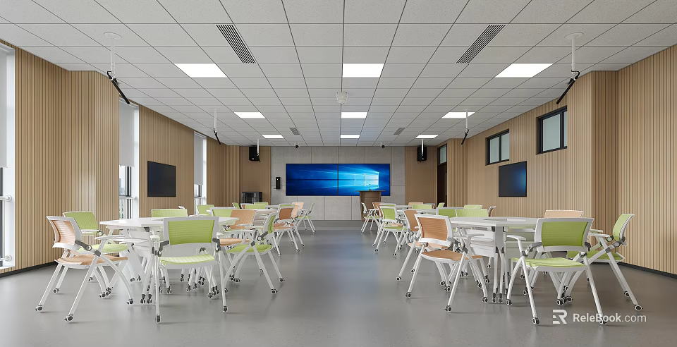 Modern School Classroom With Colorful Desks Chairs Large Blue Screen Wooden Walls And Bright Lighting 3d model 