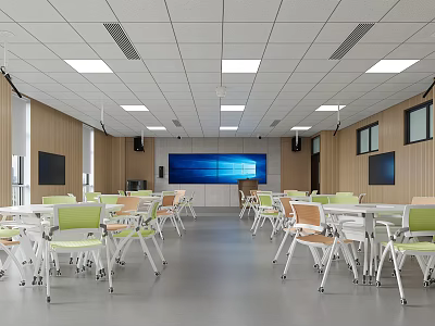 Modern School Classroom With Colorful Desks Chairs Large Blue Screen Wooden Walls And Bright Lighting 3d model