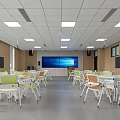 Modern School Classroom With Colorful Desks Chairs Large Blue Screen Wooden Walls And Bright Lighting