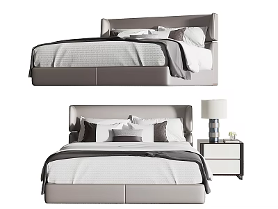 Modern Double Bed With Gray Headboard White Bedding Pillows And Nightstand Table Lamp 3d model