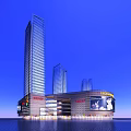Modern Commercial Complex with Tall Glass Facades Shopping Mall and Office Towers in Urban Skyline