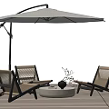 Outdoor Table Chair Set With Loungers Round Table And Umbrella On Wooden Flooring