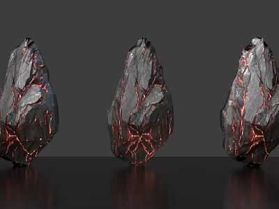 Three Rock Like Objects With Red Veins On Glowing Surface And Black Background Reflections 3d model