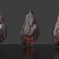 Three Rock Like Objects With Red Veins On Glowing Surface And Black Background Reflections 3d model
