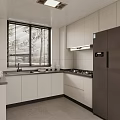 Modern Kitchen Interior With White Cabinets Black Countertop Window Blinds And Refrigerator