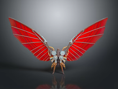 Mechanical Winged Structure With Red Feather Like Panels And Metallic Frame 3d model