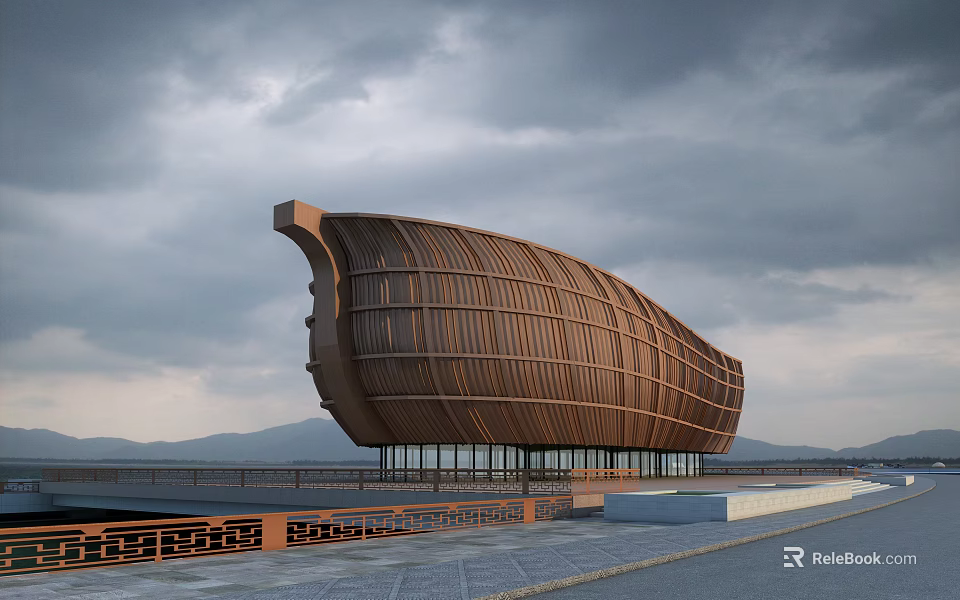 Unique Museum Building With Curved Wooden Exterior Design Against Mountain And Cloudy Sky Background 3d model 
